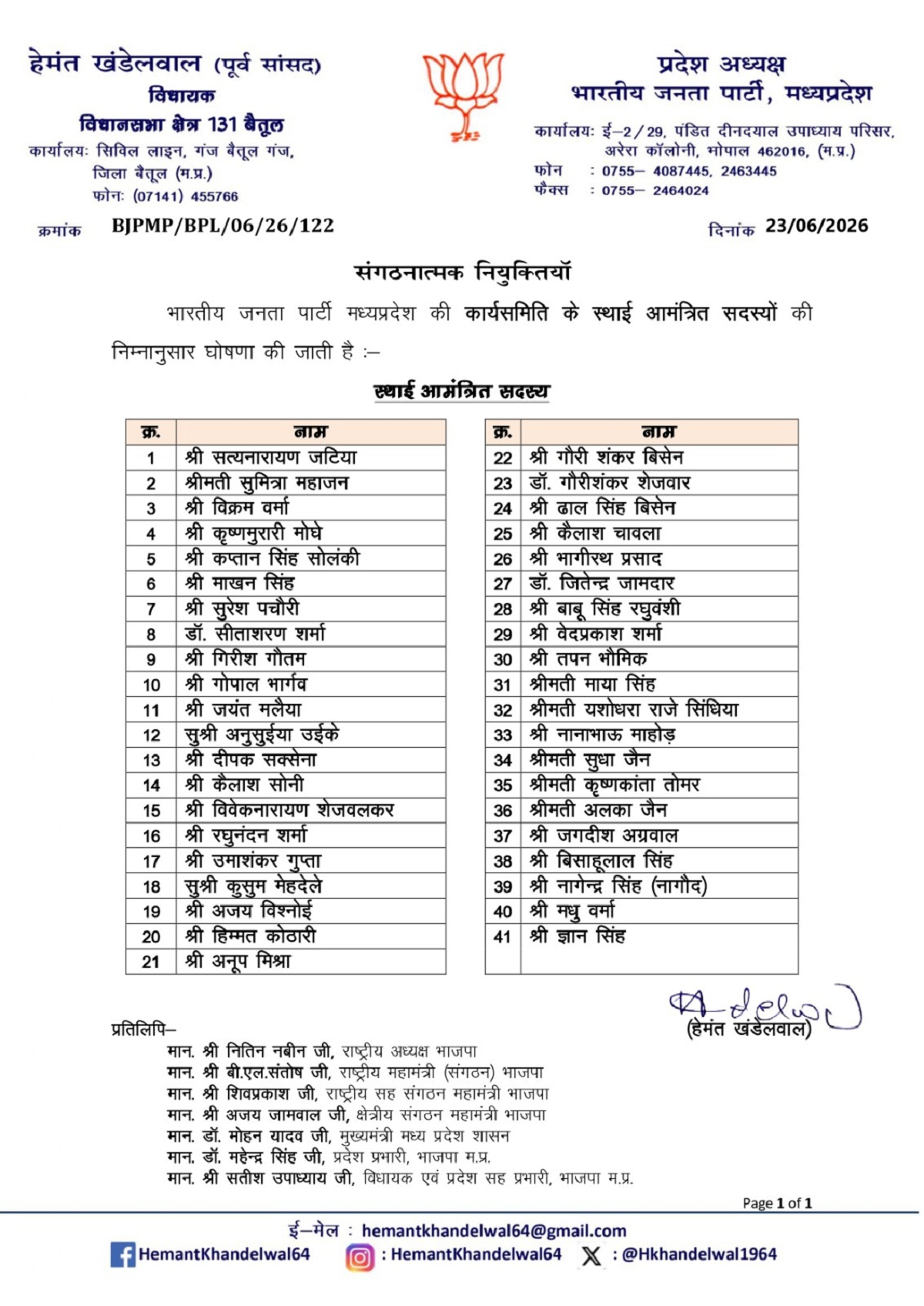 भाजपा प्रदेश कार्यसमिति की सूची