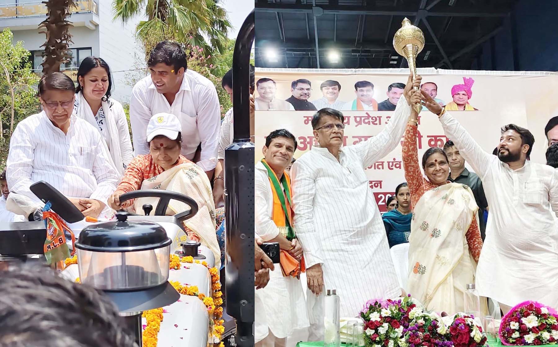 बहादुरगढ़ में सम्मान समारोह के दौरान किसानों के ट्रैक्टर पर सवार भाजपा प्रदेश अध्यक्ष डा. अर्चना गुप्ता, ओमप्रकाश धनखड़ व समारोह में उन्हें गदा भेंट करते नेता एवं कार्यकर्ता।