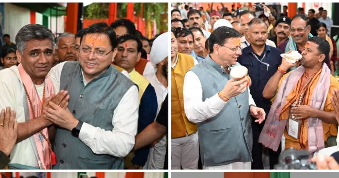 मुख्यमंत्री पुष्कर सिंह धामी से श्रद्धालु भेंट करते हुए।