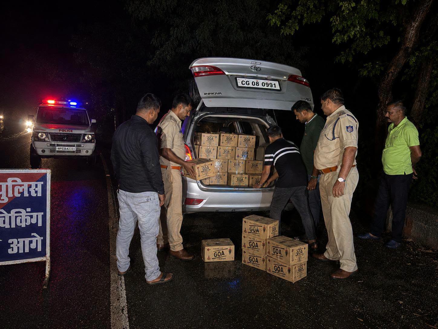 कार से शाराब निकालते हुए