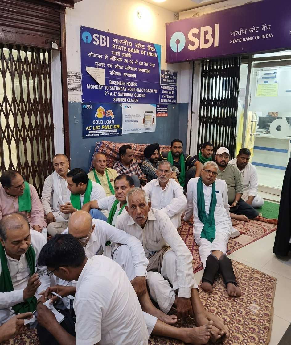 बैंक के बाहर धरना प्रदर्शन करते हुए किसान
