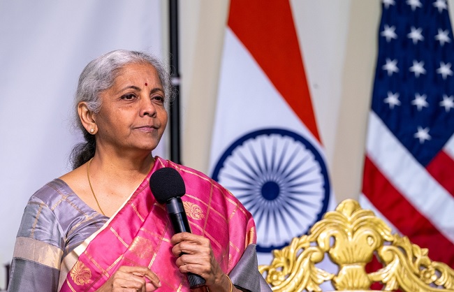 While addressing the Indian community, Union Finance Minister Nirmala Sitharaman. While addressing the Indian community, Union Finance Minister Nirmala Sitharaman.