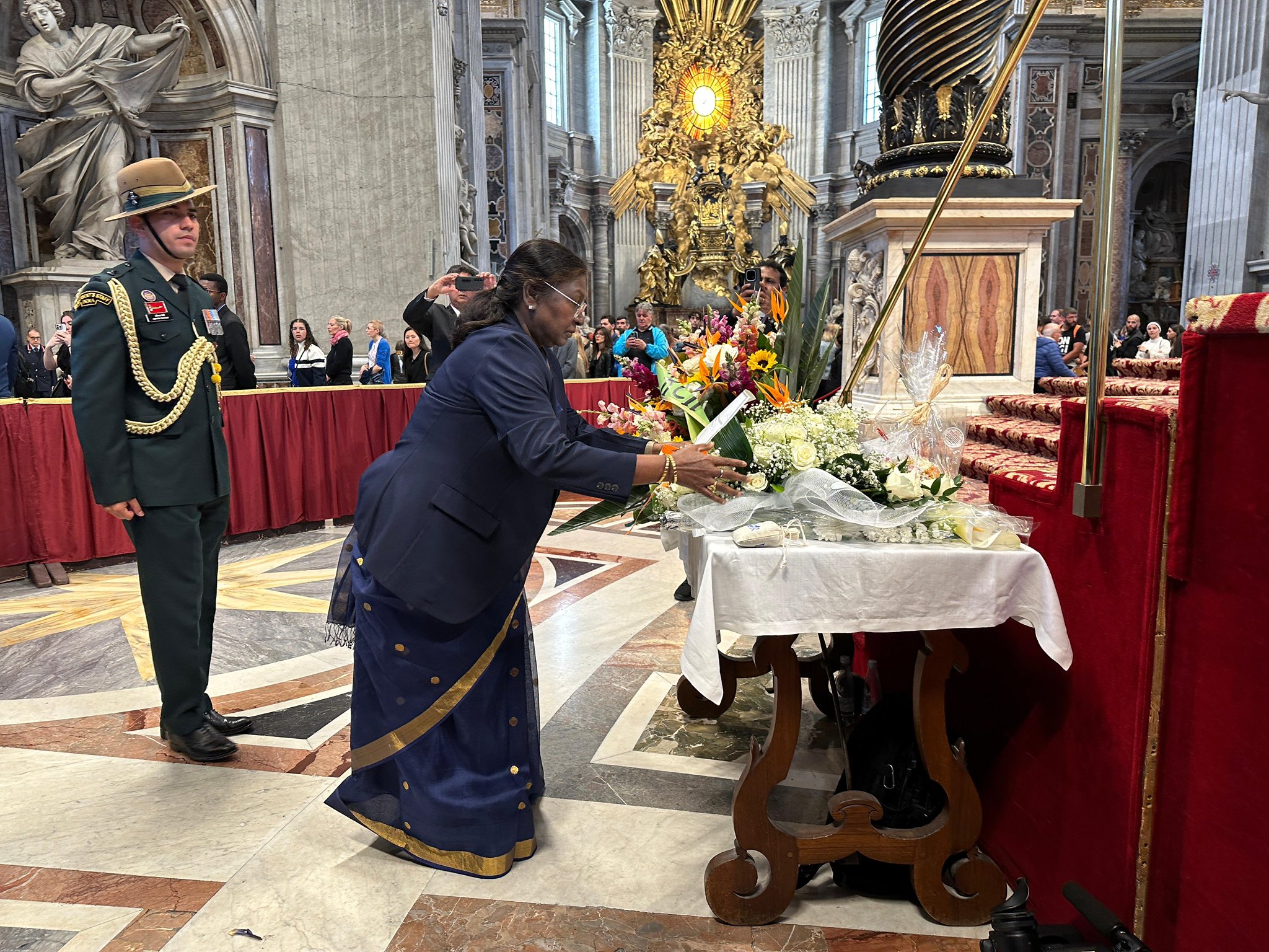 President Droupadi Murmu paid tribute to Pope Francis today at St. Peter's Basilica in Vatican City. President Droupadi Murmu paid tribute to Pope Francis today at St. Peter's Basilica in Vatican City.