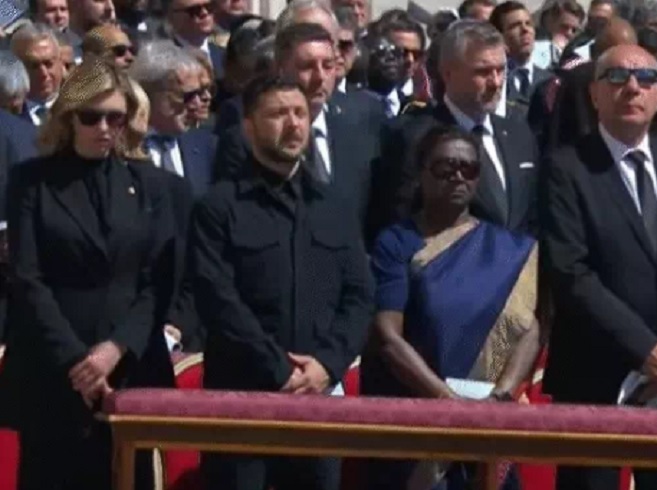 Indian President Droupadi Murmu is third from the left at the funeral of Pope Francis. Indian President Droupadi Murmu is third from the left at the funeral of Pope Francis.