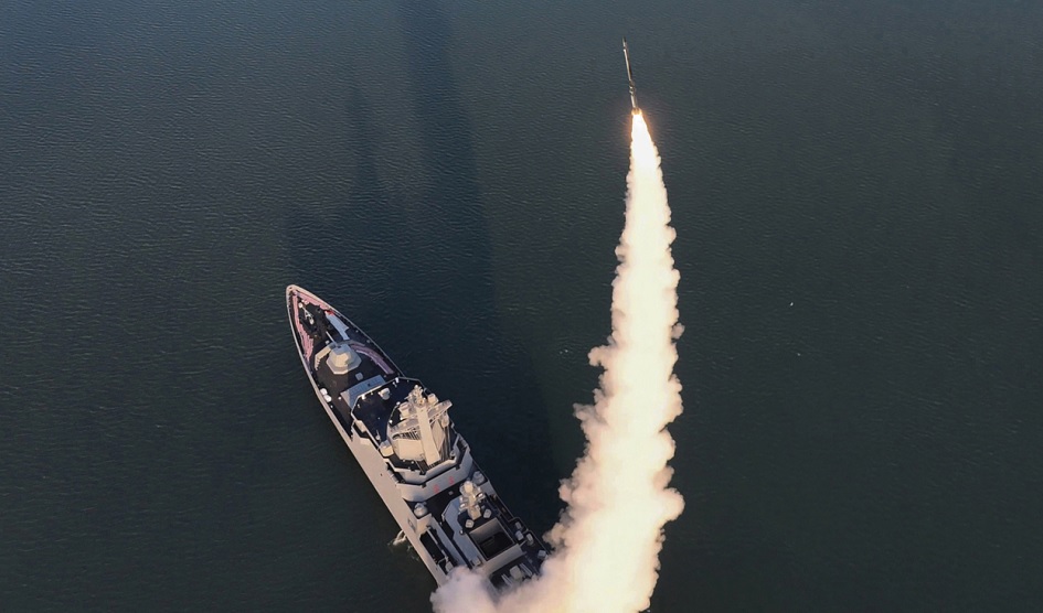 The test-firing of a weapons system from the deck of North Korea's Choe Hyon destroyer The test-firing of a weapons system from the deck of North Korea's Choe Hyon destroyer