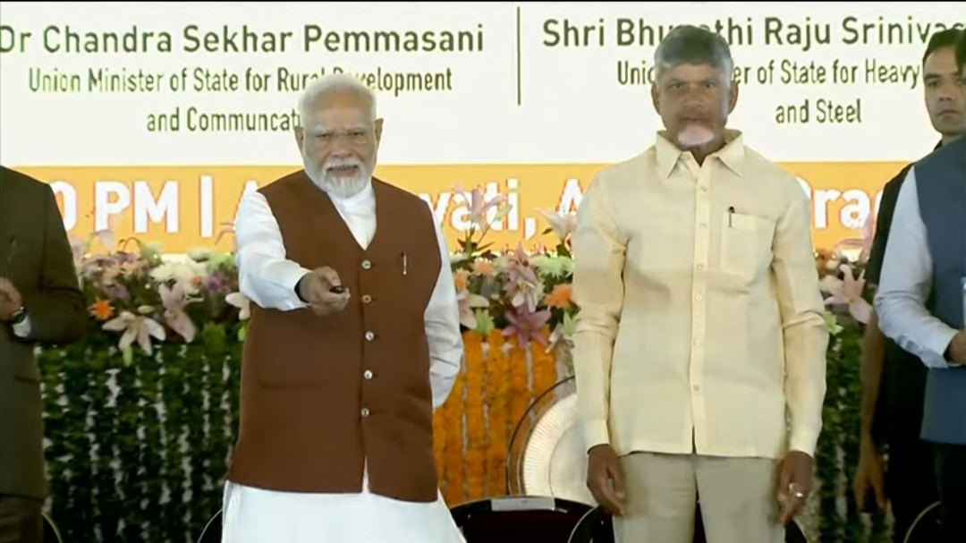 PM Narendra Modi lays foundation stone, inaugurates development works worth over Rs 58,000 crore in Amaravati, Andhra Pradesh PM Narendra Modi lays foundation stone, inaugurates development works worth over Rs 58,000 crore in Amaravati, Andhra Pradesh