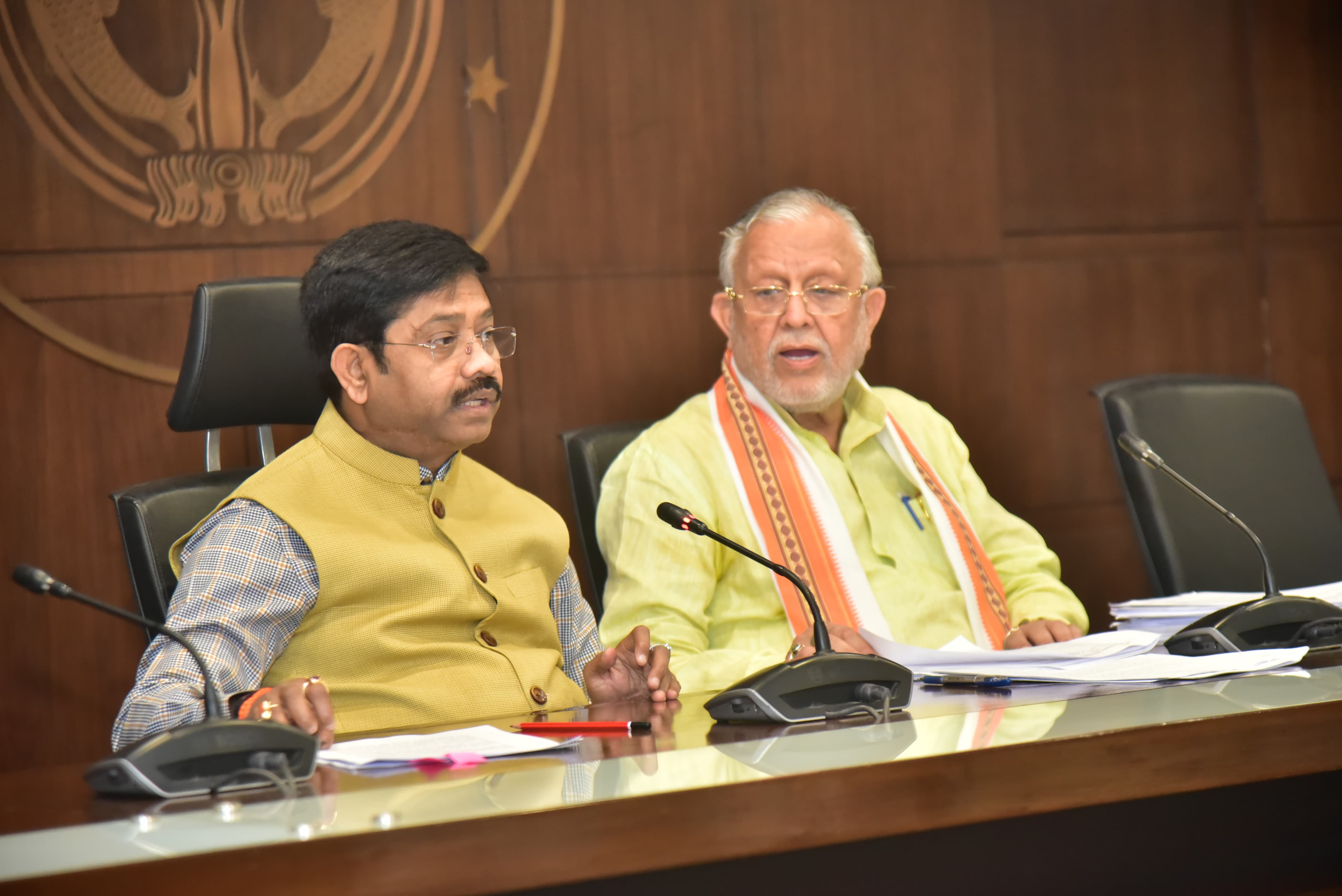 Minister Suresh Khanna and Nand Gopal Gupta Nandi interacting with reporters Minister Suresh Khanna and Nand Gopal Gupta Nandi interacting with reporters