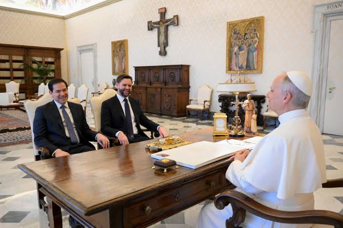 Pope Leo XIV meets with U.S. Vice President JD Vance and Secretary of State Marco Rubio in the library of the Apostolic Palace at the Vatican May 19, 2025. Pope Leo XIV meets with U.S. Vice President JD Vance and Secretary of State Marco Rubio in the library of the Apostolic Palace at the Vatican May 19, 2025.