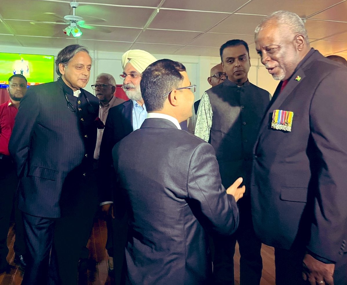 The Indian Parliamentary All-Party Delegation, led by Congress leader Shashi Tharoor, exchanged views over dinner with Guyana's Prime Minister Brigadier Mark Anthony Phillips. Photo from Shashi Tharoor's X handle. The Indian Parliamentary All-Party Delegation, led by Congress leader Shashi Tharoor, exchanged views over dinner with Guyana's Prime Minister Brigadier Mark Anthony Phillips. Photo from Shashi Tharoor's X handle.