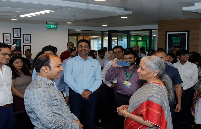 Sitharaman visit the office of the fintech company Pine Labs located in Noida. Sitharaman visit the office of the fintech company Pine Labs located in Noida.