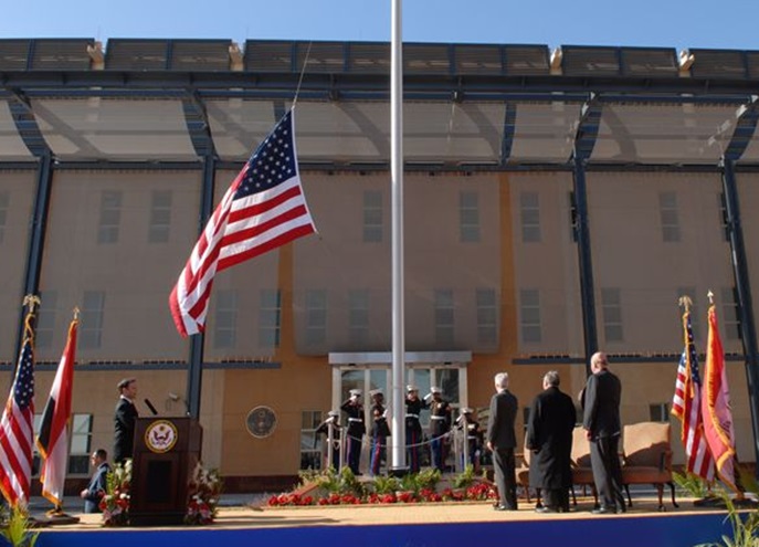 The American embassy is located in this building in Baghdad, the capital of Iraq. Photo courtesy of the American embassy in Baghdad website. The American embassy is located in this building in Baghdad, the capital of Iraq. Photo courtesy of the American embassy in Baghdad website.