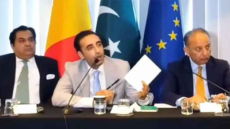 The chairman of the Pakistan Peoples Party and former central minister Bilawal Bhutto Zardari at a press conference in Brussels. The chairman of the Pakistan Peoples Party and former central minister Bilawal Bhutto Zardari at a press conference in Brussels.