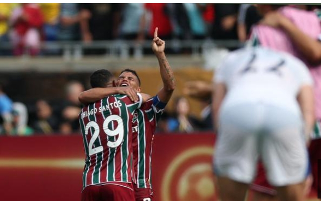 Fluminense players celebrating after the victory. Fluminense players celebrating after the victory.