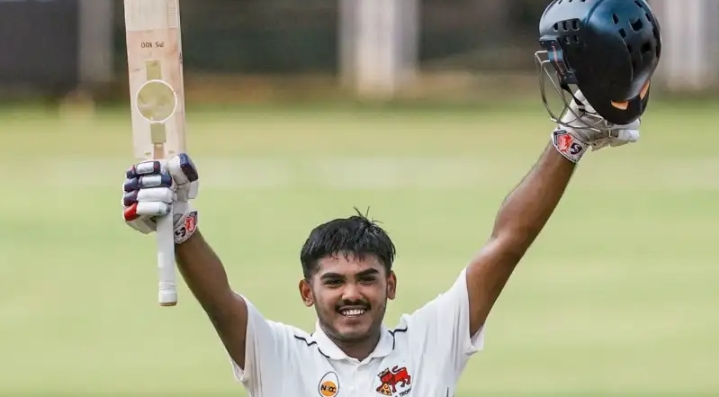 Ayush Mhatre celebrating after scoring a century. Ayush Mhatre celebrating after scoring a century.