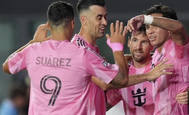 Inter Miami midfielder Telasco Segovia celebrates the second goal with right forward Messi and midfielder Sergio Busquets. Inter Miami midfielder Telasco Segovia celebrates the second goal with right forward Messi and midfielder Sergio Busquets.
