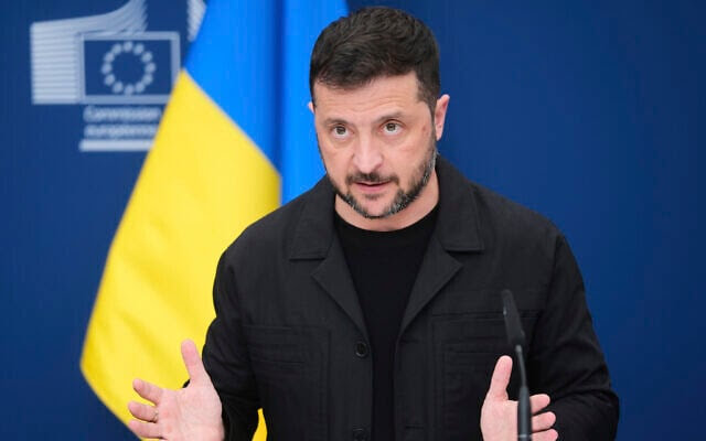 Ukraine's President Volodymyr Zelensky speaks during a media conference at EU headquarters in Brussels, Belgium, Aug. 17, 2025.