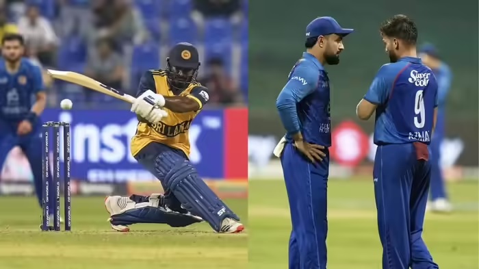 Sri Lankan batsman executes a sweep shot as Afghan fielders look on during their Asia Cup 2025 clash, while Afghan teammates discuss strategy on the field.